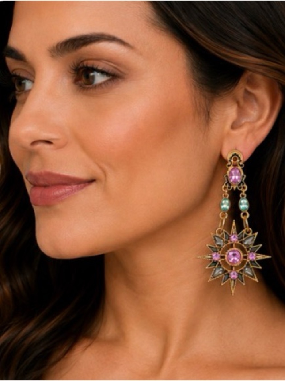 Gold-Tone Pink Gem Starburst Drop Earrings - Picture 2 of 5